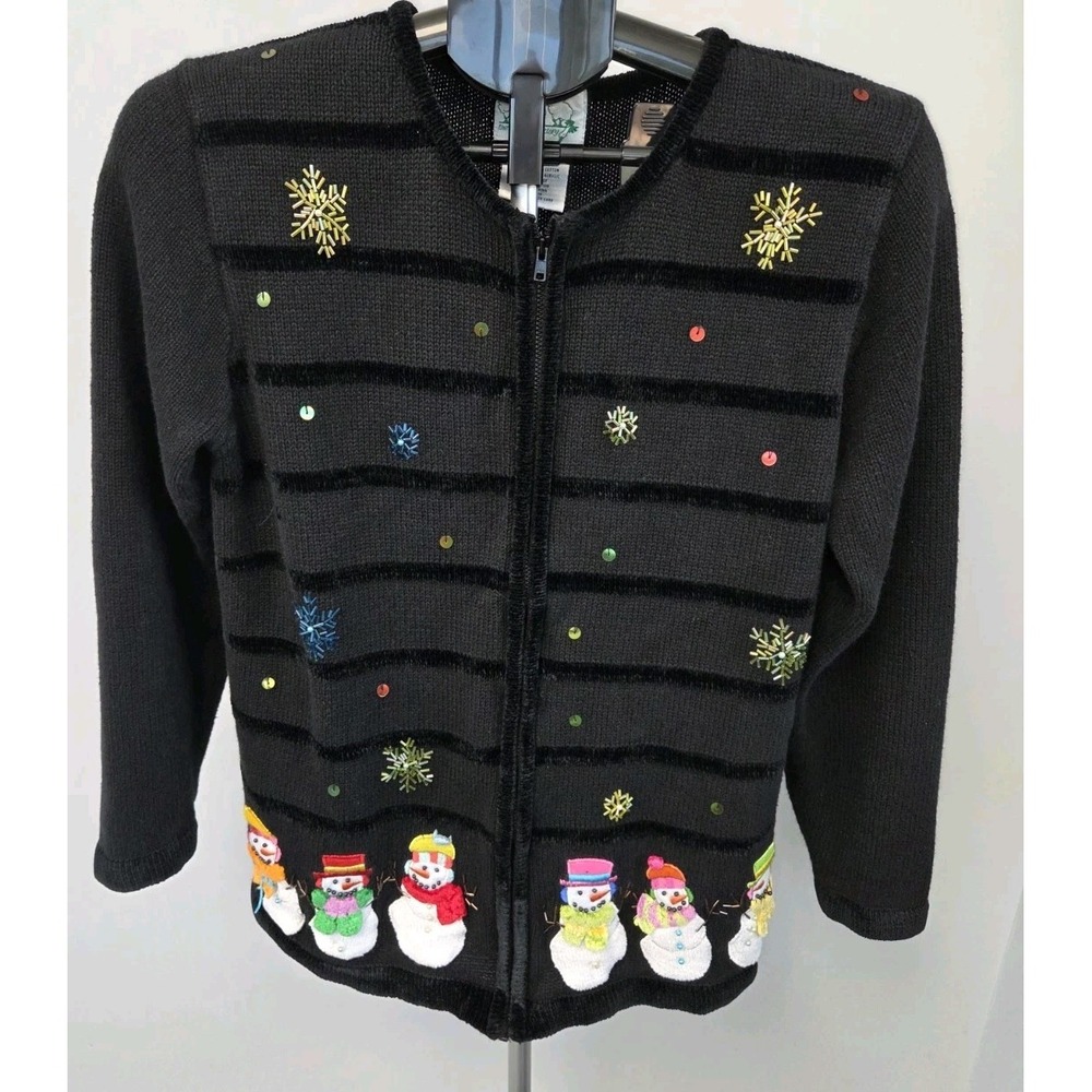 Quacker Factory Women Full Zip Cardigan Sweater Black M Snowman Vintage Holiday